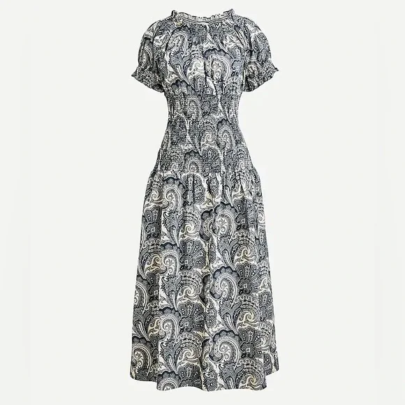 J. Crew Collection Smocked Cotton Poplin Dress Paisley Print Blue Size Small - Picture 1 of 9